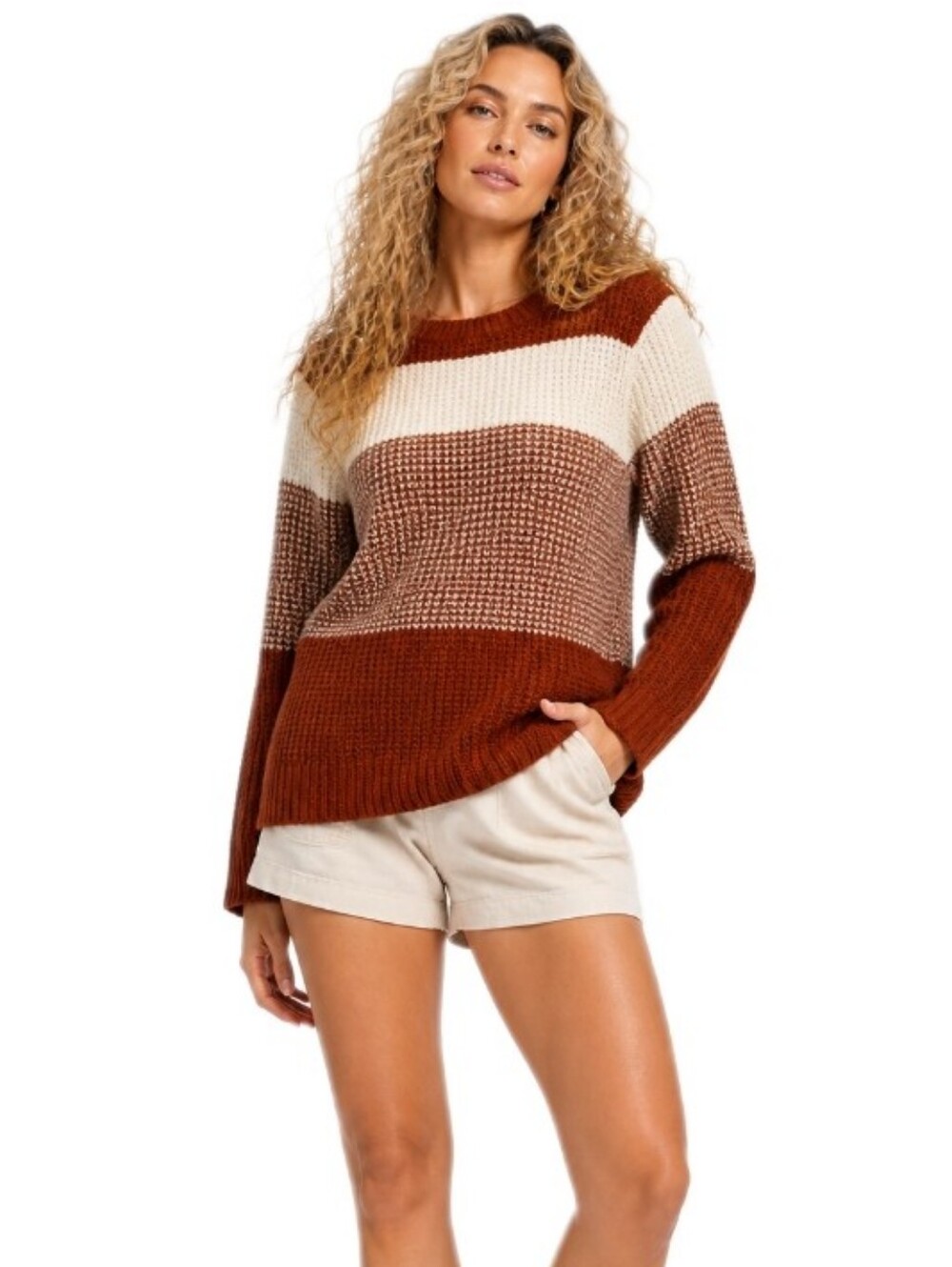 The Pulse Boutique Chunky Knit Striped Sweater Rust Cream Brown Size M